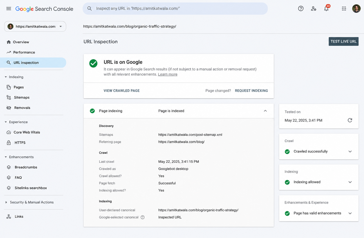 Page is indexed as per Google search console